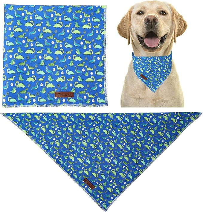Summer Dog Bandana, UP URARA PUP Dinosaur Triangle Bid Scarf for Medium Large Dogs, Cotton Kerchief for Girl Boy Puppies, Cute Summer BlueBandana,L