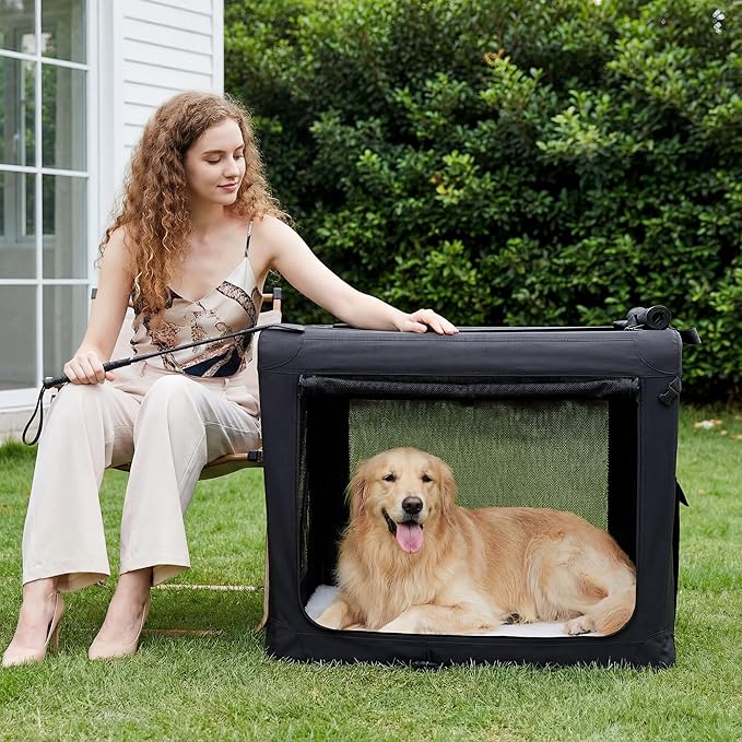 Dog Travel Crate 30 Inch, Portable Soft-Sided Travel Carriers for Dogs and Cats, Foldable Pet Kennel with 3-Doors Mesh Windows Indoor & Outdoor, Black