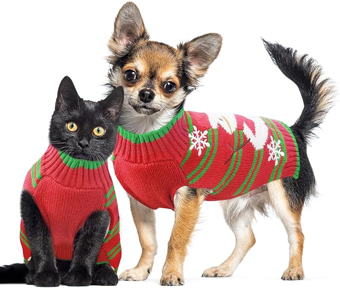 Dog Christmas Sweater Cute Snowman Puppy Cat Costume Boy Girls Xmas Holiday Pet Clothes New Year Outfits Gifts for Small Medium Large Dogs (S, Red Green Stripe Snowman)