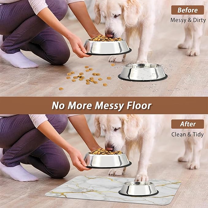 Marble Dog Food Mat for Floors,White Gold Marble Absorbent Quick-Dry Pet Feeding Mat,Cat Dog Bowl Mats for Food and Water,Non-Slip Pet Accessories Supplies 16"x24"