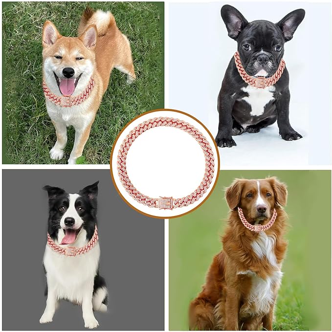 Cuban Link Dog Chain Collar Rose Gold Crystal Dog Necklace Metal with Design Secure Buckle Pet Collar Jewelry Accessories for Small Medium Large Dogs Cats(Rose Glod 22inch)