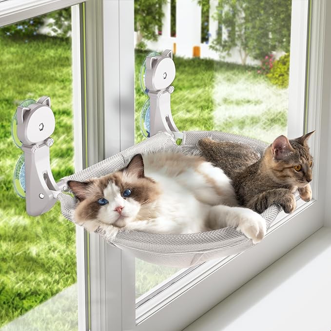 Cat Window Perch Cordless, Glow in The Dark & Stable Cat Beds- Breathable Window Hammock for Overlooking, Sunbathing and Climbing - Maximum Hold Up to 40lb(Light Grey)