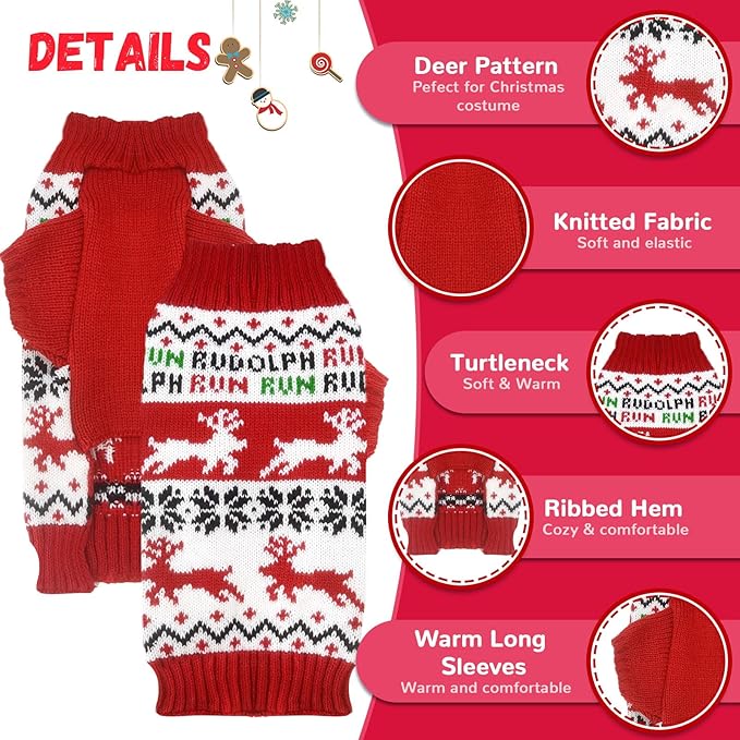 Dog Christmas Sweater Xmas Pet Clothes Cute Reindeer Christmas Dog Costume Outfits Holiday Knitwear Puppy Cat Jumpers New Year Gifts for Small Medium Large Dogs(Red Runing Deer,XXL)