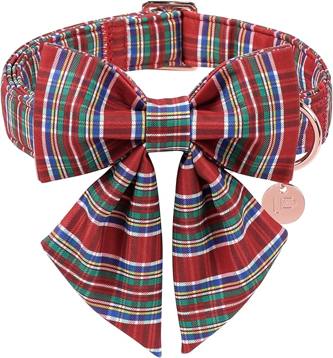 Christmas Plaid Dog Collar with Bow, Red and Blue Check Adjustable Pet Collar with Quick Release, Christmas Stripes Bowtie Collar for Small Medium Large Dogs XL