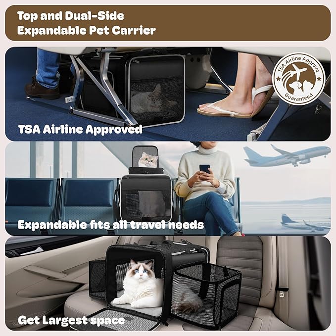 Top and 2 Sides Expandable Cat Carrier 18x11x11, TSA Airline Approved Dog Carriers for Small Dogs, Soft-Sided Pet Carrier with Self-Locking Zippers for Kitten,Rabbit, Puppy, Guinea Pig Black White