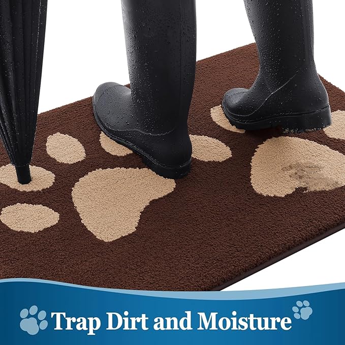 Buganda Dog Door Mat for Muddy Paws, Absorbent Dirt Trapper Washable Indoor Doormats, Non Slip Low-Profile Mud Mat for Dogs, Front Entrance Doormat for Inside Floor (47x24 Inches, Brown)