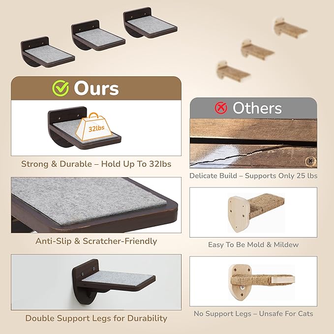 [Ready to Gift] PURRHOUSE 45LBS Capacity Cat Window Perch with Bolster, Hammock Seat with Premium Plywood & Metal Frame, Window Bed for Indoor Cats & Kittens (Walnut, Cat Wall Steps)