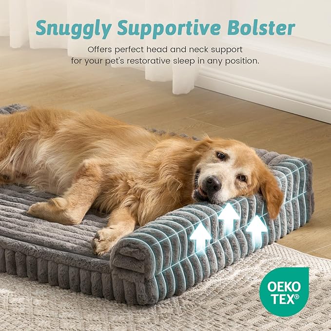 Cute Dog Bed for Extra Large Dogs, Faux Rabbit Fur Orthopedic Foam Dog Bed with Sides, Removable Washable Cover & Waterproof Lining, Comfortable Pet Couch, Grey (48" L x 35" W x 7.5" Th)