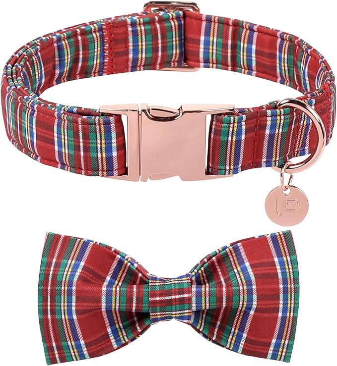 Christmas Plaid Dog Collar with Bow, Red and Blue Check Adjustable Pet Collar with Quick Release, Christmas Stripes Bowtie Collar for Small Medium Large Dogs L