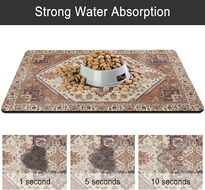 Dog Food Mats for Floors, Absorbent and Quick-Drying Pet Cat Food Mat,Anti-Fouling and Easy-to-Clean Pet Feeding Mat,Dog Bowl Mat for Messy Drinking Water Bowls.17 x27, Bohemia Style