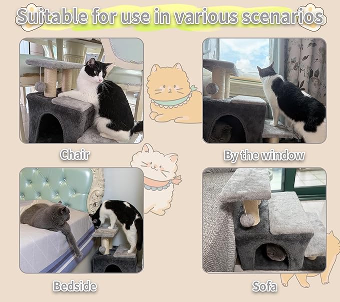 3-in-1 Pet Stairs for Cats for High Bed, Adjustable Dog Steps, Modular 3-Tier, Cushioned Steps & Big Cat Condo, Adjustable Entrance, Dangling Ball, for Kittens, Senior & Fat Cats (Beige, Large)