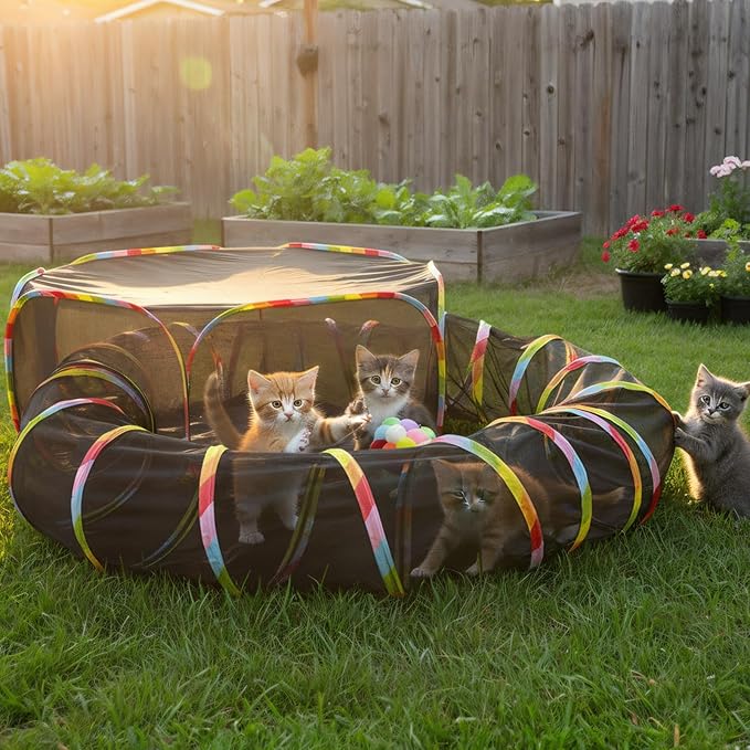 Outdoor Cat Enclosure, Portable Cat Tents for Outside with Storage Bag, Outside Cat Playpen Pet Enclosure with Toy Ball, Cat Tunnel Outdoor Playground for Cats & Small Animals