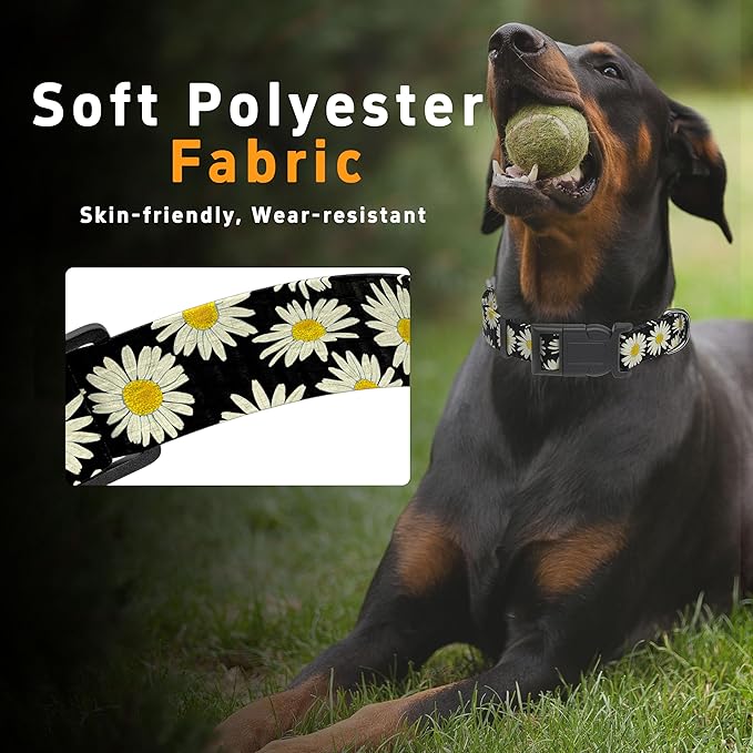 Dog Collar, Daisy Boys Girls Puppy Collar for Small Medium Large Dogs, Adjustable Soft Floral Pet Collar with Safety Buckle for Male Females(Black Daisy,M)