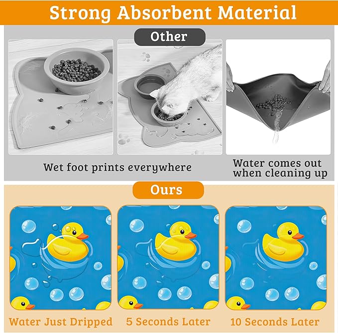 Yellow Rubber Ducks Dog Food Mat,Soap Bubbles Absorbent Pet Feeding Mat for Food and Water Bowl,Quick Dry Dog Placemat Non Slip Rubber Backing Waterproof Pet Supplies 16" x 24"