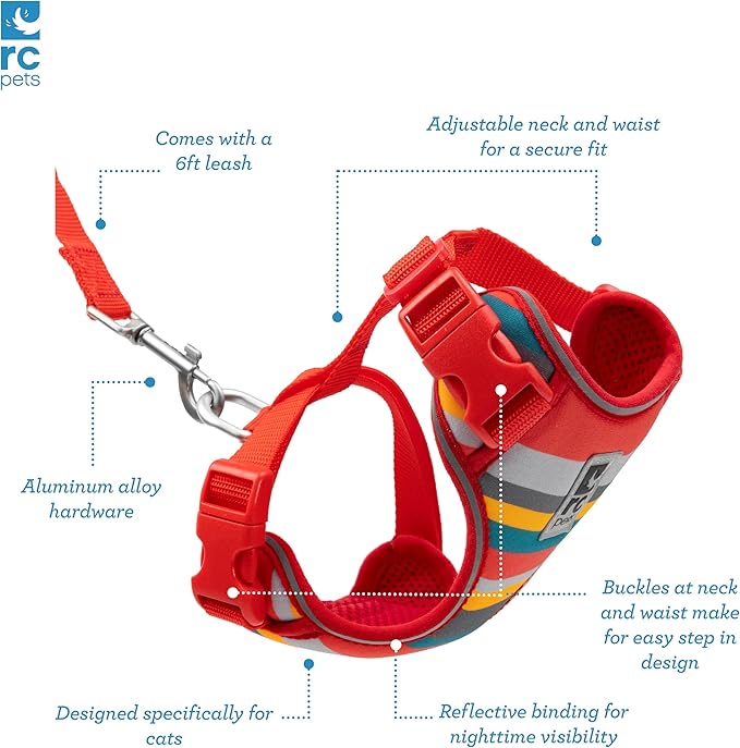 RC Pets Adventure Kitty Cat Harness | Adjustable Airmesh Vest with D-Ring and 6ft Leash for Walking and Travel | Multi Stripes, Large