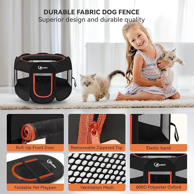 Black Dog Cat Playpen, Puppy Pet Playpen Indoor for Small Dog Crate Tent Cage Outdoor, Portable Pop Up Dogs Enclosure Kennel with Carrying Case for Dogs/Cats/Rabbits