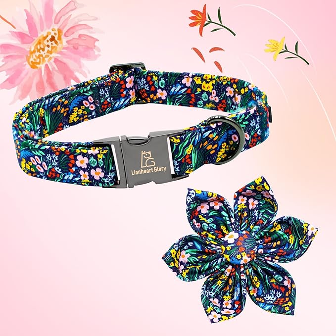 Lionheart Glory Darkblue Flower Dog Collar - Floral Bow for Male or Female, Spring Fall Pet Gift, Durable Adjustable for Small Dogs