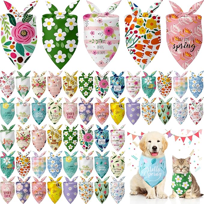 Kacctyen 50 Pcs Spring Dog Bandanas Bulk Bandanas for Dogs Grooming with Spring Flowers Bees Adjustable Pet Triangle Scarf Bib Washable for Small Medium Large Puppy Cats Pets Costume Accessories