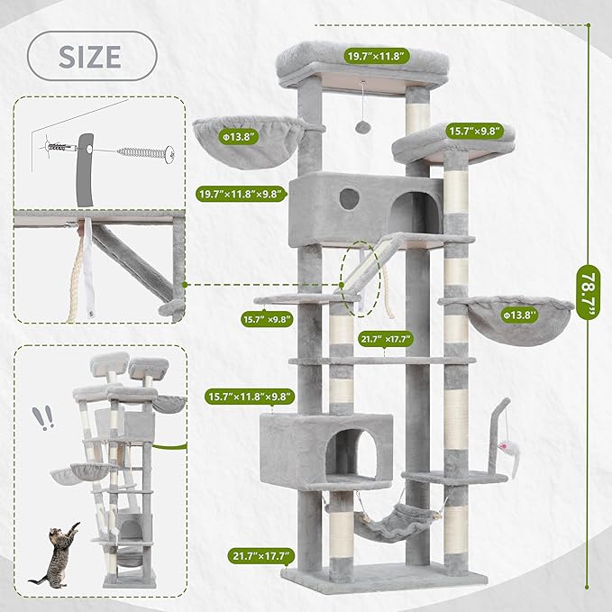 Cat Tree for Large Cats, 78.7"(200cm) Tall Cat Tower for Indoor Cats Multiple Cats with Large Top Perch, Cat Condo, Cat Hammcok, Cat Scratching Post, Light Gray GCT031W