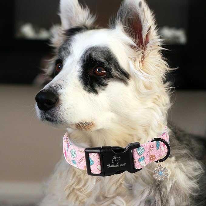Christmas Dog Collar for Large Dogs - Cute Snowflake Print Pink Christmas Collars for Dogs, Soft Adjustable Winter Holiday Dog Collars with Quick Release Buckle L