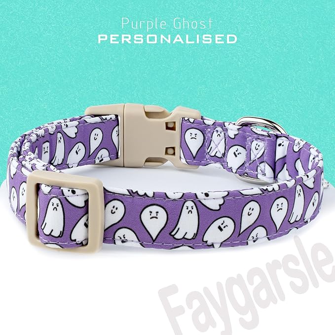 Faygarsle Halloween Dog Collar with Charm, Purple with Ghost Pattern, for Small Medium Large Dogs S