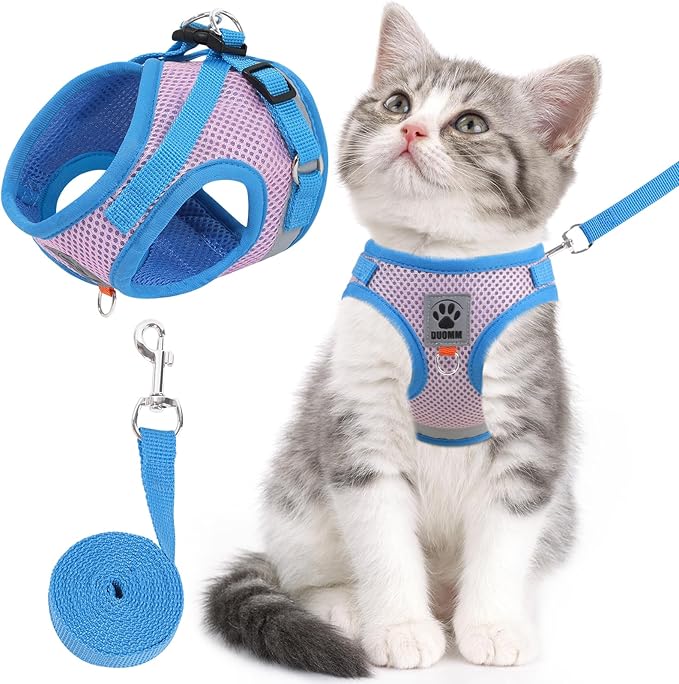 Cat Vest Harness and Leash Set for Walking Escape Proof, Adjustable Kitten Harness Breathable Mesh with Reflective Strips Harness for Kitty Puppy Bunny (Pink and Blue,S)