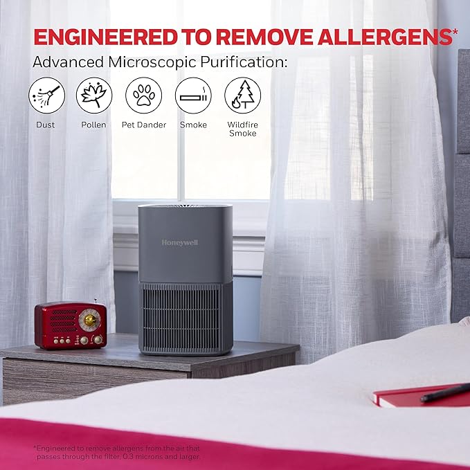 Honeywell Allergen Plus Compact HEPA Small Room Air Purifiers for Home, Up to 530 Ft² Coverage, 3-in-1 Filter, Pet Dander, Smoke & Odor Reducer Air Quality Sensor with Auto Mode, Grey, HPA125V