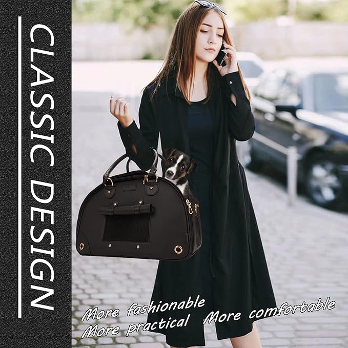 Foldable Premium PU Leather Dog Purse - Portable Pet Carrier Tote Bag for Small to Medium Cats and Dogs (Black-Small)