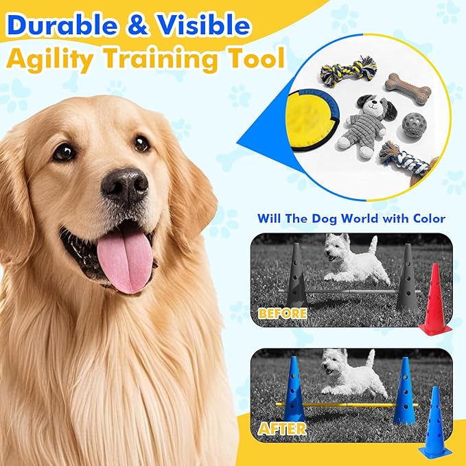 Wdmiya 18.9" Dog Agility Training Hurdle Cone Set, Dog Agility Course Backyard Set with Height Adjustable Crossbar, Dog Agility Equipment for Obedience, Rehabilitation, Starter - 12 Cones & 6 Poles