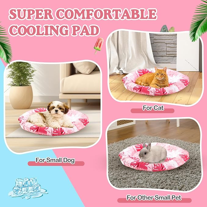 Pet Cooling Mat for Cats and Small Dogs, 20.1'' x 20.1'' Thickened Round Pink Pad Anti-Grab Internal Gel Without Water Filling, Lightweight, Washable, Playmat for Indoor/Outdoor