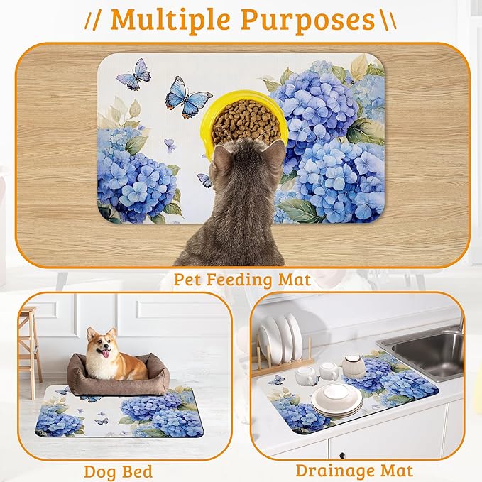 Pet Feeding Mat,Blue Hydrangea Absorbent Dog Cat Food Mat Butterfly Floral Dog Mat with Rubber Backing,Non-Slip Water Bowl Placemat,Pet Supplies 16" x 24"