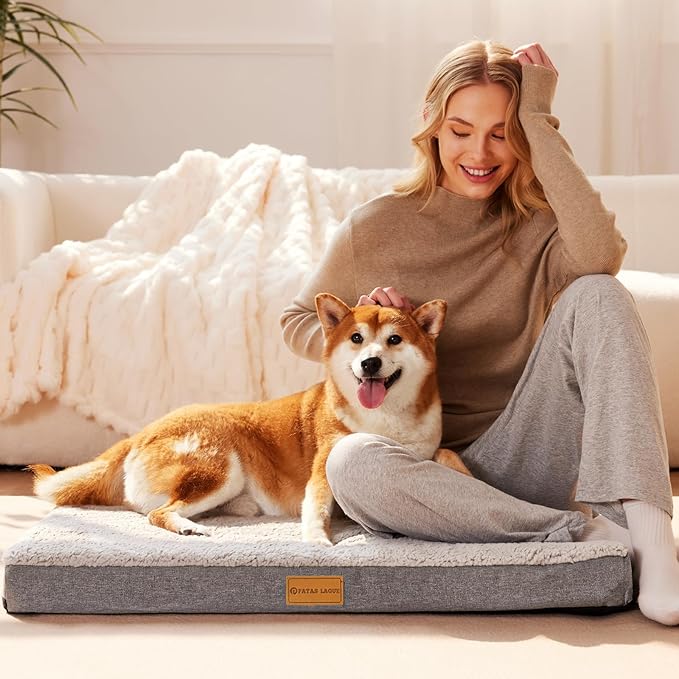 Patas Lague Orthopedic Jumbo Dog Bed for Large Sized Dog 56''X40'', Soft Waterproof Egg Crate Foam Large Pet Crate Beds Mat with Removable Washable Cover and Non-Slip Bottom, Ivory