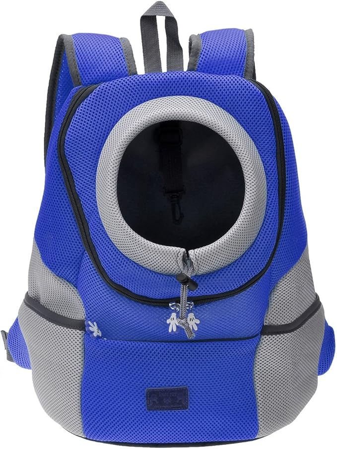 Mogoko Airline Approved Cat Dog Backpack, Puupy Pet Carrier Front Bag with Breathable Head Out Design and Double Mesh Padded Shoulder for Outdoor Travel Hiking (M, Blue)