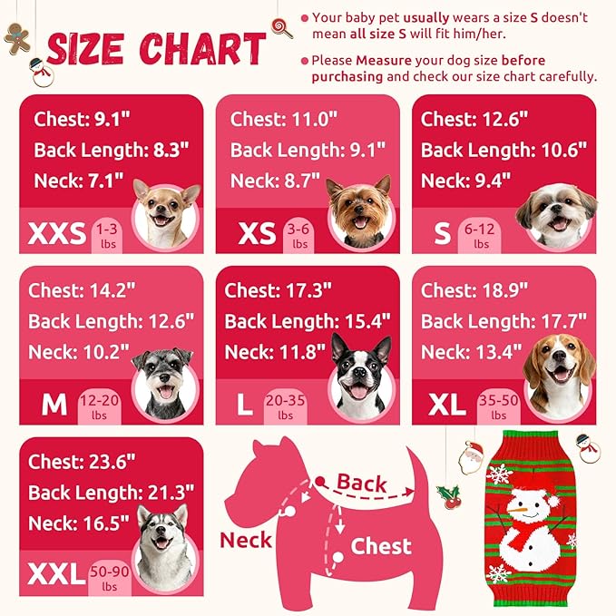 Dog Christmas Sweater Cute Snowman Puppy Cat Costume Boy Girls Xmas Holiday Pet Clothes New Year Outfits Gifts for Small Medium Large Dogs (L, Red Green Stripe Snowman)