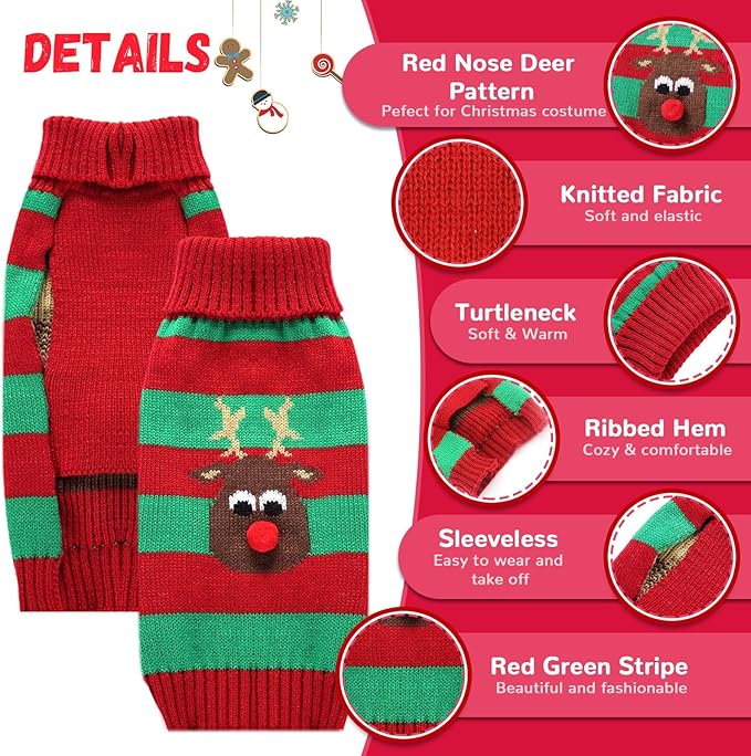 Dog Cat Christmas Sweater Boy Girl Ugly Reindeer Xmas Pet Clothes Holiday Puppy Costume New Year Gifts for Small Medium Large Dogs Outfits (XXL, Red Green Stripe Reindeer)