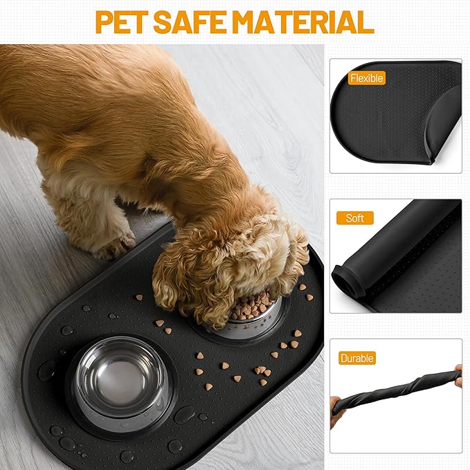 Hubulk 100% Waterproof Silicone Pet Feeding Mat with Raised Edge for Food and Water, Dog Bowl Mats, Cat Bowls Placemat with High Lip Protects Floor for Cats and Dogs (Black, 24" L x 16" W)