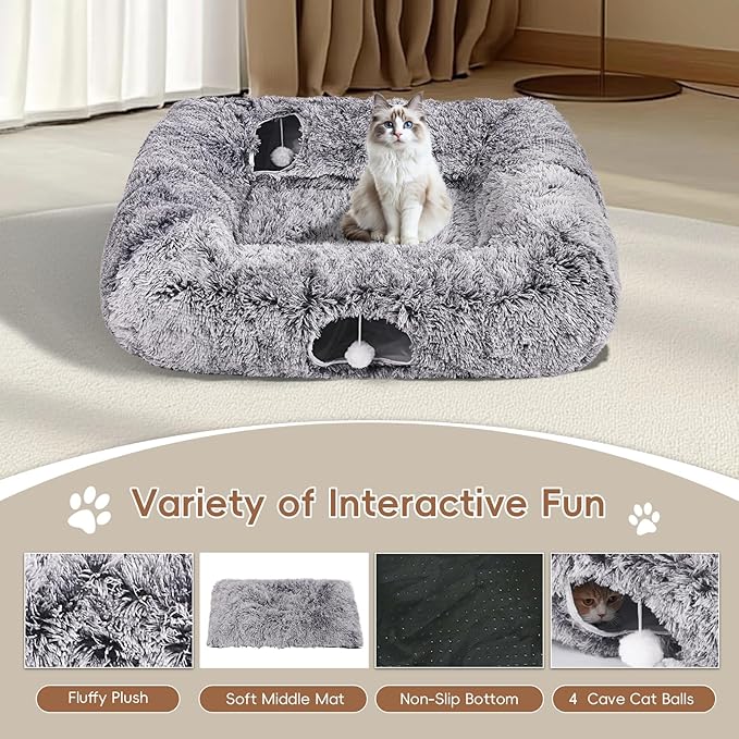Extra Large Cat Tunnel Bed, 4 Ways Tunnels for Indoor Cats, Multi-cat Family Pet Bed & Cave, Plush Cat Donut with Washable Middle Mat, Exit Balls, Pet Play Toy for Kitten Puppy Rabbit, Dark Grey