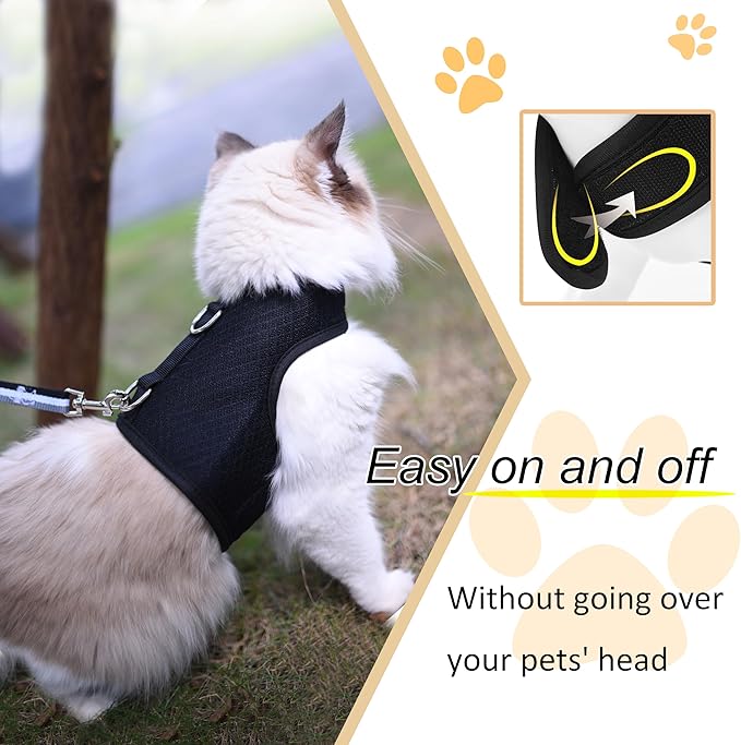Kitty Harness and Leash for Walking Escape Proof Breathable Mesh Fabric, Solid Black, X-Small, Adjustable Cat Walking Jackets, Padded Stylish Cat Vest