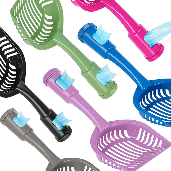 2-in-1 Pooper Scooper with Bag Attachment, Cat Litter Shovel Scoop with Bag, Built-in Dispenser, Includes Trash Roll, Rinse-Clean, Anti-Stick, Smart Sifter, Long Handle (Dark Gray)