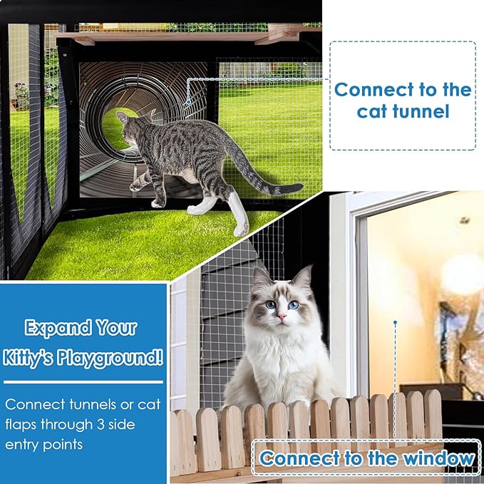 Large Catio Outdoor Cat Enclosure Window 73" H Walk-in Cat House Kitty Cage for Multiple Indoor Outdoor Cats Outside Patio with 5 Access Doors Waterproof Roof