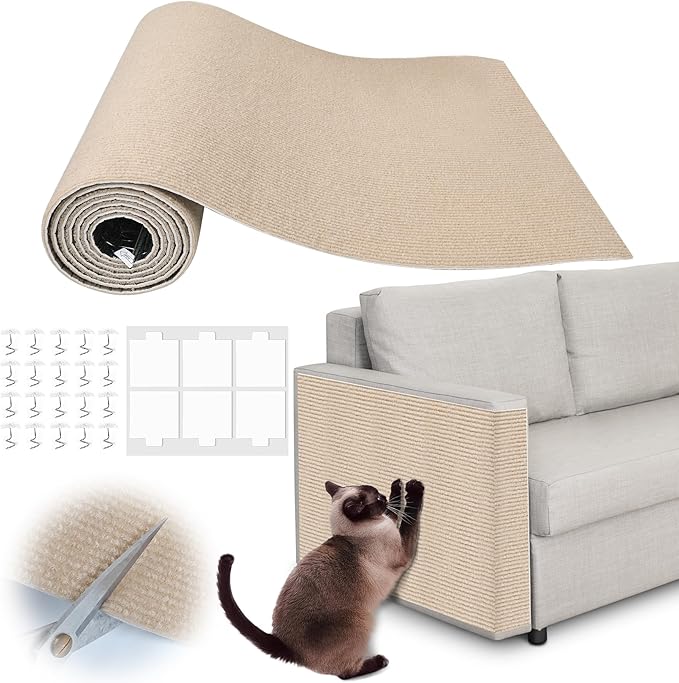 Cat Scratch Furniture Protector - 158" x 15.8" Trimmable Self-Adhesive Cats Claws Scratch Pads, DIY Cat Climbing Couch Protector for Scratch Post Cat Tree Replacement Indoor (Khaki)