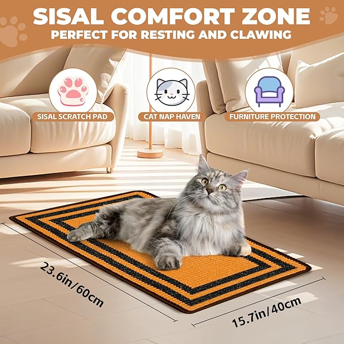 Cat Scratcher Mat, 23.6x15.7 Inch Natural Sisal Cat Scratch Pad, Horizontal Cat Scratching Pad Rug for Indoor Cats with Sticky Tapes, Protect Couch & Carpets（Brown Black）