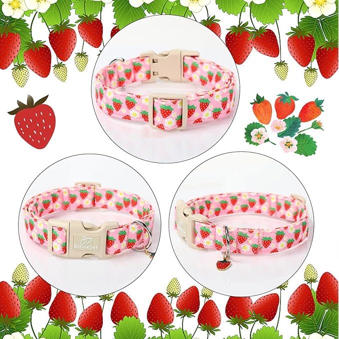 Cute Spring/Summer Dog Collar, Adjustable Pink Strawberry Dog Collars for Giant Large Dogs, Lightweight Quick-Release Buckle Collar for Boy&Girl Dogs XL
