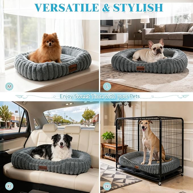 Orthopedic Dog Bed for Large Dogs, Comfort-Sided Calming Pet Bed with Breathable Memory Foam, Plush Faux Rabbit Fur & Non-Slip Bottom, Machine Washable with Carry Handle, 35"x27"x5.5", Grey