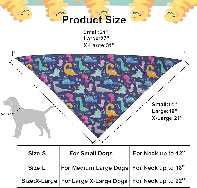 ADOGGYGO Dinosaur Dog Bandanas 2 Pack, Reversible Colorful Animal Pet Scarf, Premium Fabric, Adjustable Fit Yellow Blue Dinosaur Bandanas for Extra Large Dogs (X-Large)