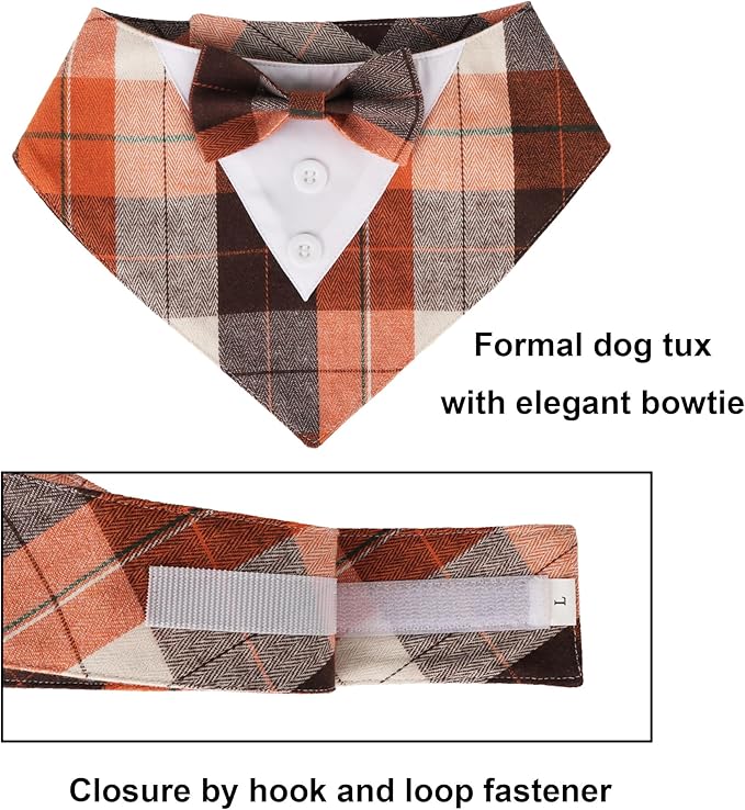 ADOGGYGO Fall Dog Tuxedo Bandana, Orange Plaid Pet Fall Collar with Bowtie, Adjustable Halloween Thanksgiving Costume for Large Dogs (L)