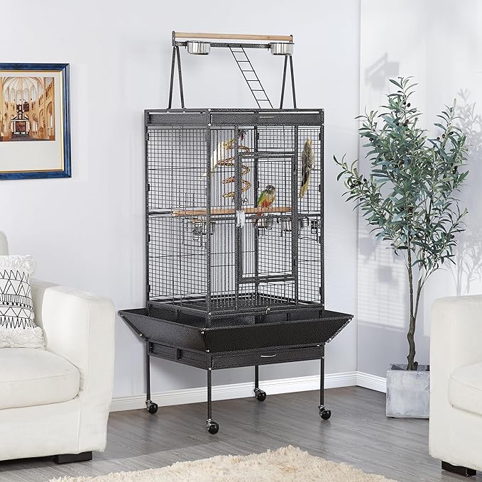 Yaheetech 69-inch Wrought Iron Rolling Large Parrot Bird Cage for African Grey Small Quaker Amazon Cockatiel Sun Parakeet Green Cheek Conure Dove Lovebird Budgie Play Top with Stand
