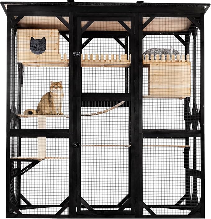 71.1" L Large Cat Catio Outdoor Cat Enclosure Window Acess, Walk-in Cat Cage Cat House for Multiple Indoor Outdoor Cats, Outside Patio 6 Doors Weatherproof Roof
