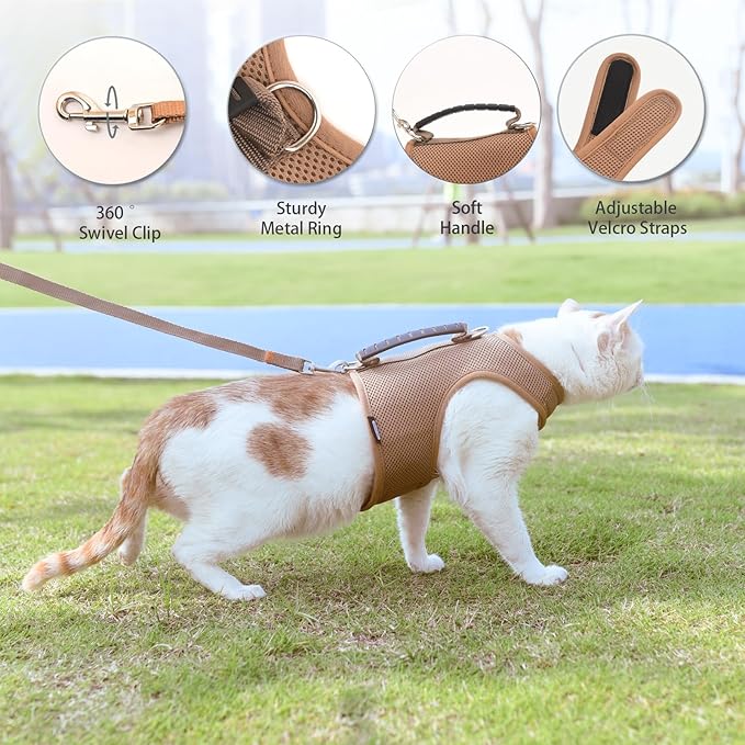 Cat Harness and Leash for Walking Escape Proof Breathable Mesh Fabric, Solid Brown, Large, Adjustable Cat Walking Jackets with Handle, Padded Stylish Cat Vest