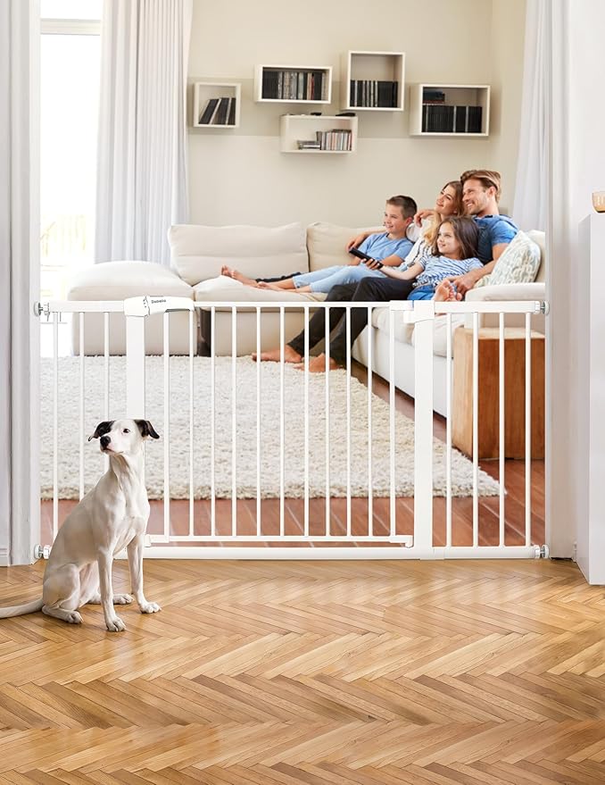 Babelio 36-57" Extra Wide Baby/Dog Gate, Auto Close with Large Walk Thru Door,Safety for Pet, House, Stairs and Doorways, Pressure Mounted for Chlid, White
